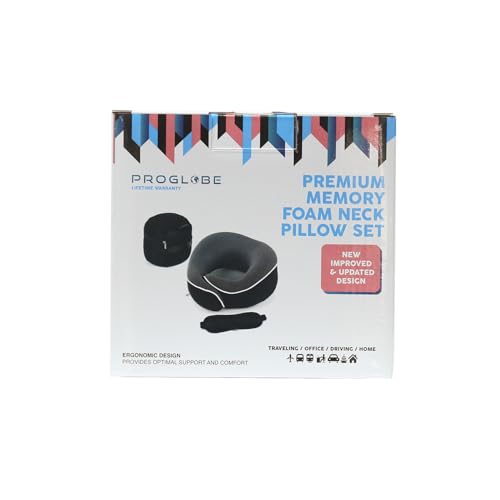 Proglobe Travel Pillow, Memory Foam Neck Pillow Set, Orthopedic Pillow, Travel Essentials for Flying, Kit with 3D Contoured Sleep Mask, Earplugs and Luxury Mesh Bag (Black)