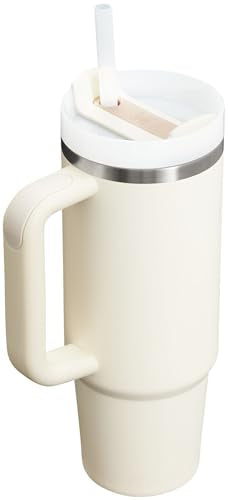 Stanley Quencher H2.0 FlowState Tumbler, Vacuum-Insulated, Stainless Steel, with Lid and Straw for Water, Iced Tea, Coffee, Smoothies and More, Cream Coloured, 0.9 Litres