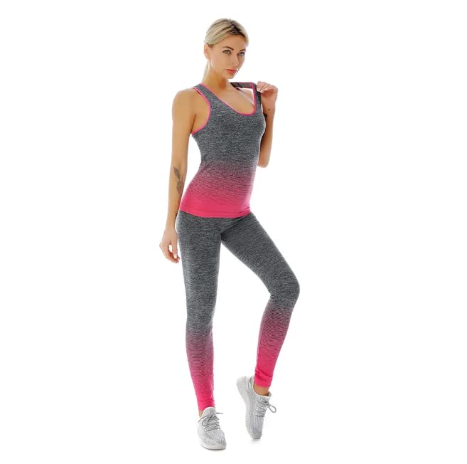 ZiaWorld Women Workout Outfits 2 Piece Set, Gym Set Seamless Ribbed Casual Comfortable Vest Top High Waist Leggings Sets, Sports Activewear Tracksuit Yoga Fitness Ladies Gym Wear, Pink, S/M