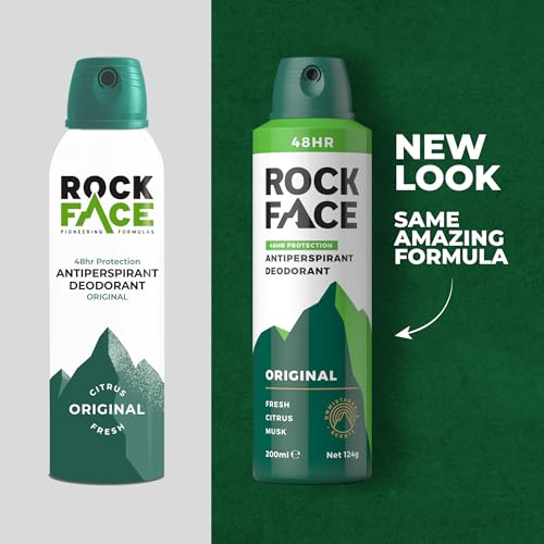 Rock Face Antiperspirant Deodorant for Men - Original Fresh Citrus Scent, 200ml Spray, 48 Hour Protection, Non-Staining, Multipack of 6