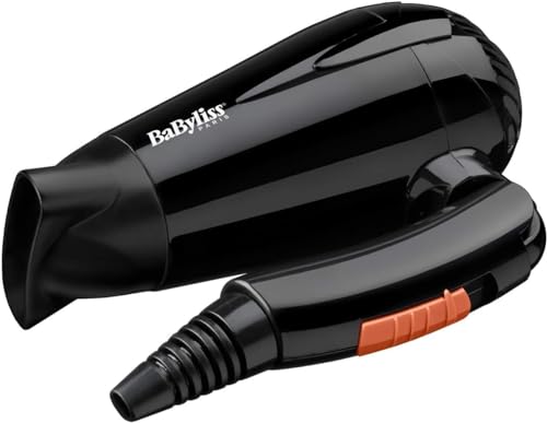 BaByliss Travel Folding Hair Dryer - Lightweight and Powerful 2000W Blow Dryer, Dual Voltage, Worldwide Use, 2 Heat/Speed Settings, Black/Orange, 5334U