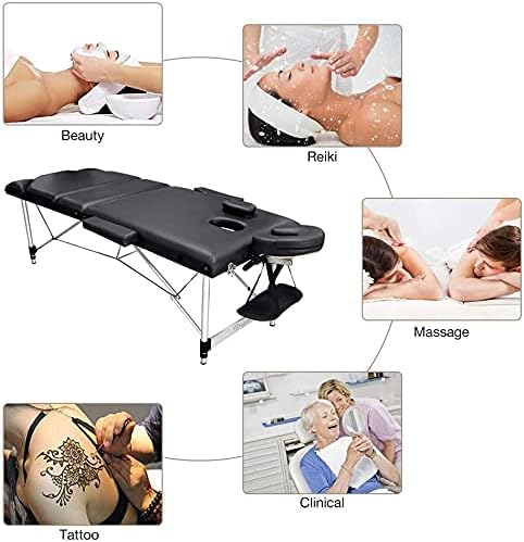 Vesgantti Portable Massage Bed Table - 3-Section Aluminum Foldable Beauty Couch for Reiki Therapy Treatment Salon Healing - Metal Headrest Support/with Carry Bag (Black)