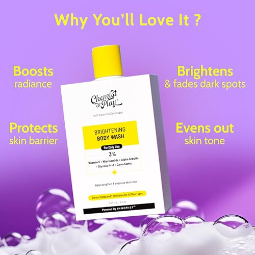 Chemist at Play Brightening Body Wash | Glowing Skin Vitamin C Bodywash | Helps to Reduce Fades Dark Spots, Evens out Skin Tone | Alpha Arbutin | 30X Vitamin C with Camu Camu | For Women & Men | 236ml