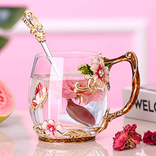 Luka Tech Handmade Enamel Butterfly Flower Glass Coffee Mugs Tea Cup with Spoon,Birthday Christmas Gifts for Her Women Mum Friends Teacher Valentines Mothers Day(Red)