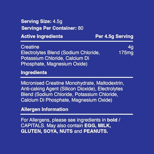 Warrior Creatine Monohydrate Plus Electrolytes Powder 360g - Hydration and Performance Drink - Nutrition Shake to Promote Muscle Growth (Not Tablets, Sachet, Gummies) - 80 Servings (Unflavoured)