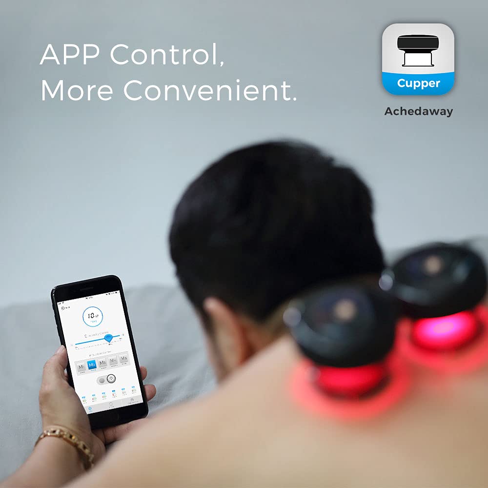 Achedaway Smart Cupping Massager - Rechargeable Cupping Therapy Set with Bluetooth Suction Cup Massager, 3 Attachments, Mobile App Control, Red Light Therapy - 5 Intensity Levels - 2-Pack