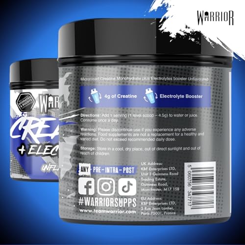 Warrior Creatine Monohydrate Plus Electrolytes Powder 360g - Hydration and Performance Drink - Nutrition Shake to Promote Muscle Growth (Not Tablets, Sachet, Gummies) - 80 Servings (Unflavoured)