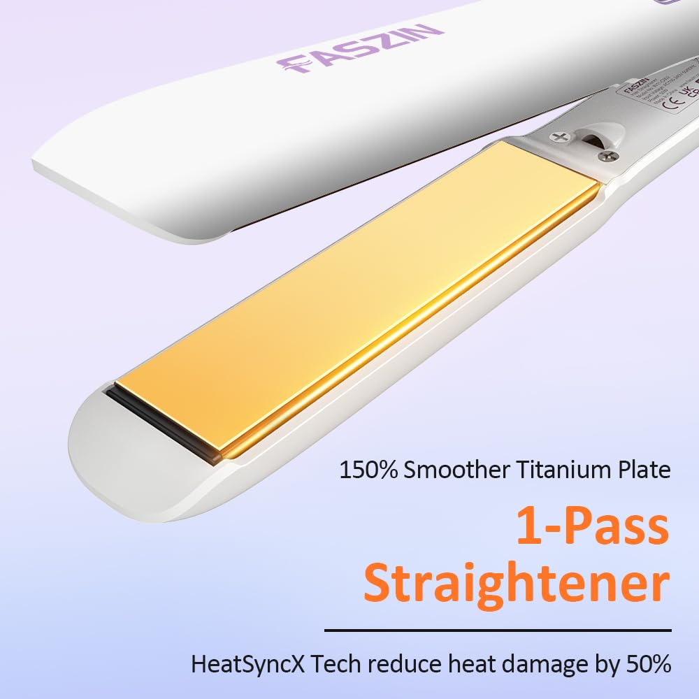 Faszin Hair Straightener, Fast Heating Titanium Flat Iron with Negative Ions to Create Sleek Style, 3D Floating Wide Plate for Both Thick and Thin Hair, Dual Voltage & 11 Levels Adjustable Temp