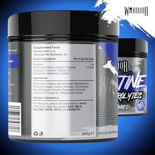 Warrior Creatine Monohydrate Plus Electrolytes Powder 360g - Hydration and Performance Drink - Nutrition Shake to Promote Muscle Growth (Not Tablets, Sachet, Gummies) - 80 Servings (Unflavoured)