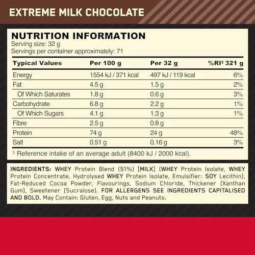 Optimum Nutrition Gold Standard Whey Muscle Building and Recovery Protein Powder With Naturally Occurring Glutamine and Amino Acids, Extreme Milk Chocolate, 71 Servings, 2.27kg, Packaging May Vary