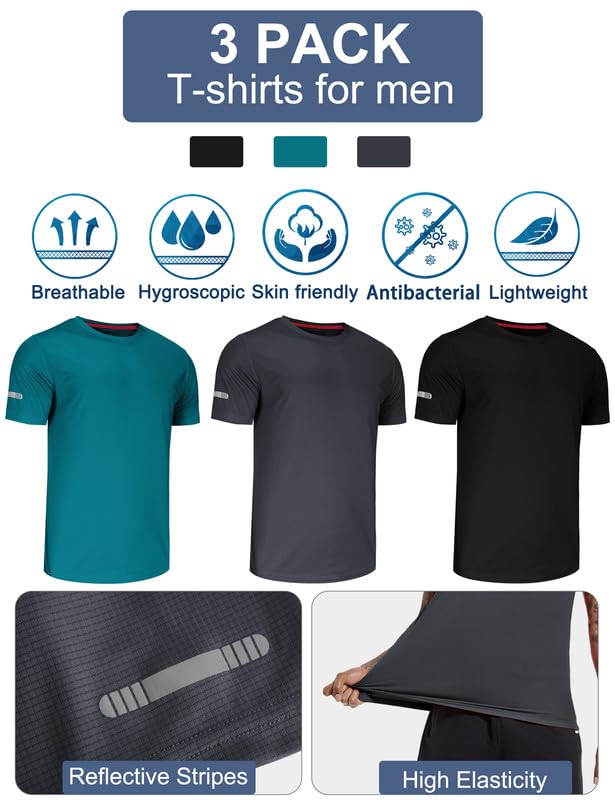 3 Pack T Shirts for Men UK Short Men’S T Shirts Gym Sleeve Shirts Mens T Shirts Running Workout Plain Dry Fit Moisture Wicking Activewear Sports Shirts Fitness Shirts Gym Tops-Black/Grey/Green-XL