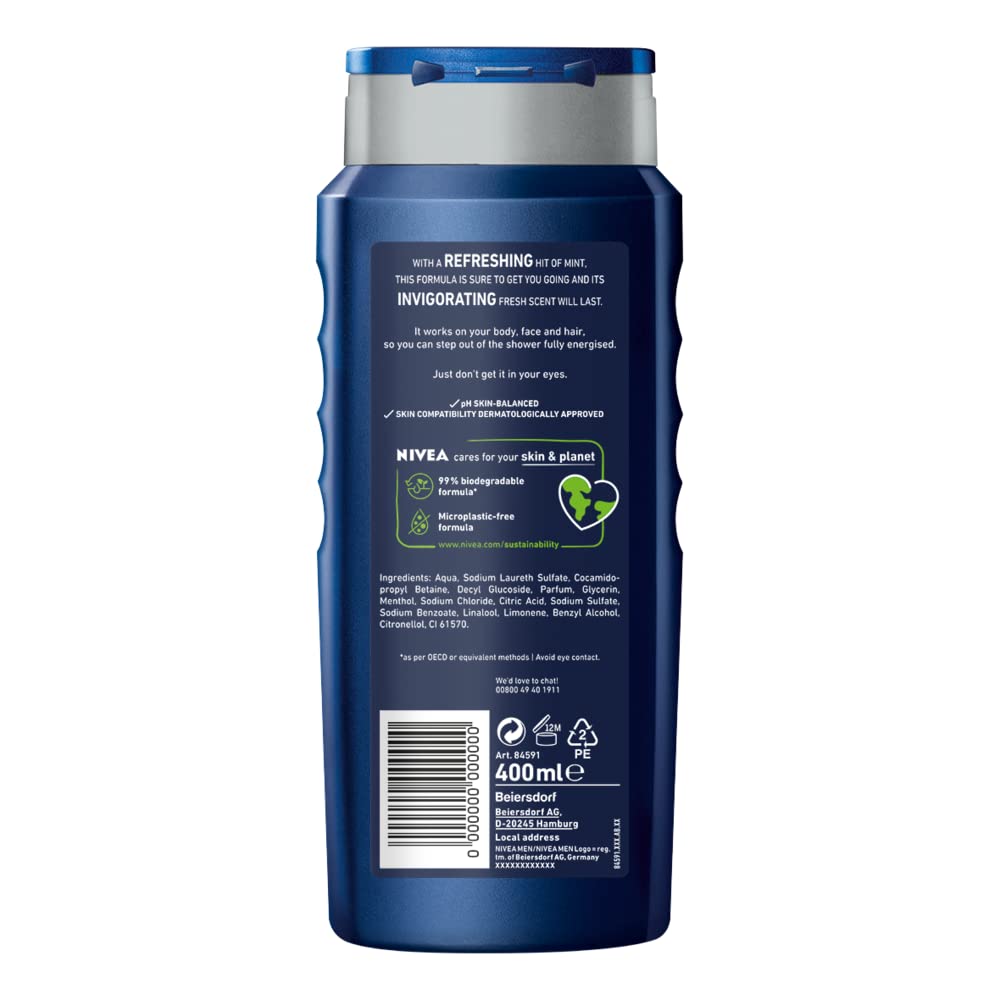 NIVEA MEN Shower Gel Energy (6 x 400ml), Energizing Body Wash with Mint Extract, All-in-1 Shower Gel for Men, Strong NIVEA Men Shower Gel with Fresh Masculine Scent