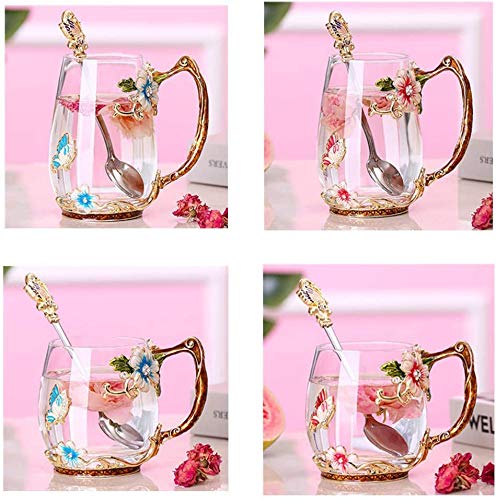 Luka Tech Handmade Enamel Butterfly Flower Glass Coffee Mugs Tea Cup with Spoon,Birthday Christmas Gifts for Her Women Mum Friends Teacher Valentines Mothers Day(Red)