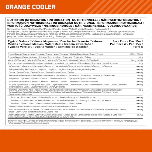 Optimum Nutrition Amino Energy Pre Workout Powder, Energy Drink with Amino Acids, BCAA and L-Glutamine, Food Supplement with Vitamin C and Caffeine, Orange Cooler Flavour, 30 Servings, 270 g