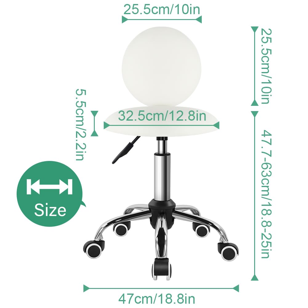 FURWOO Round Rolling Stool with Back PU Leather Seat - Beauty Chair on Wheels with Swivel for Barbershop (White)