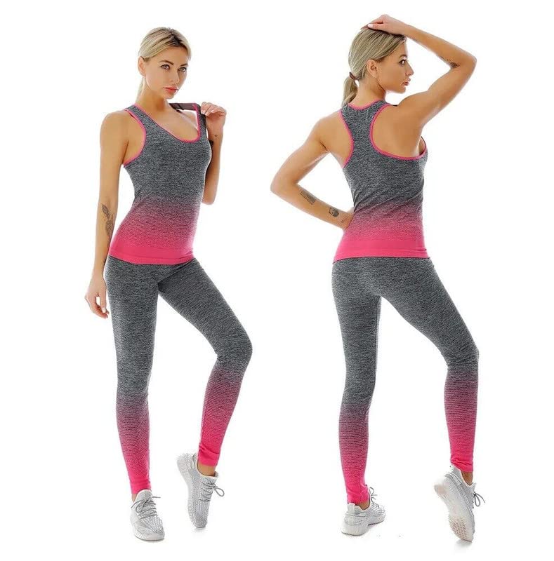 ZiaWorld Women Workout Outfits 2 Piece Set, Gym Set Seamless Ribbed Casual Comfortable Vest Top High Waist Leggings Sets, Sports Activewear Tracksuit Yoga Fitness Ladies Gym Wear, Pink, S/M
