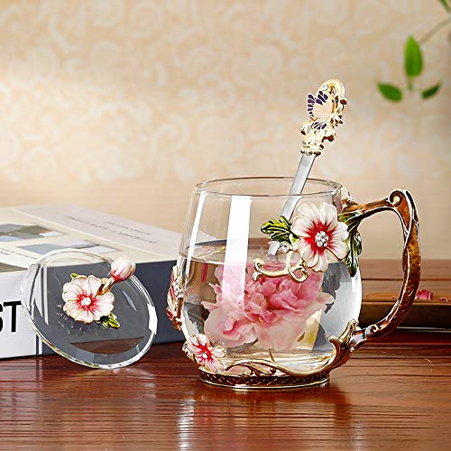 Luka Tech Handmade Enamel Butterfly Flower Glass Coffee Mugs Tea Cup with Spoon,Birthday Christmas Gifts for Her Women Mum Friends Teacher Valentines Mothers Day(Red)