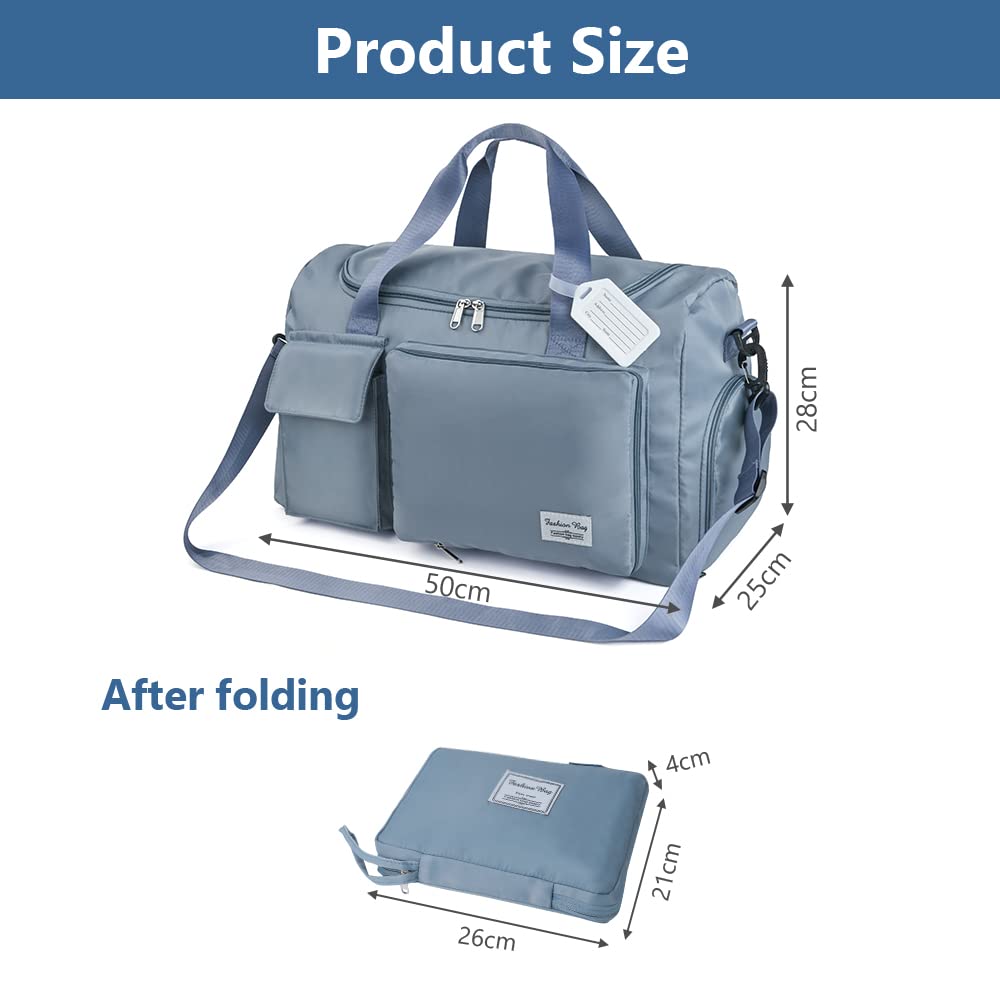 Travel Duffel, Foldable Gym Overnight Weekend Bags for Women - Lightweight with Separation, Large Holdall Cabin Bag - Blue