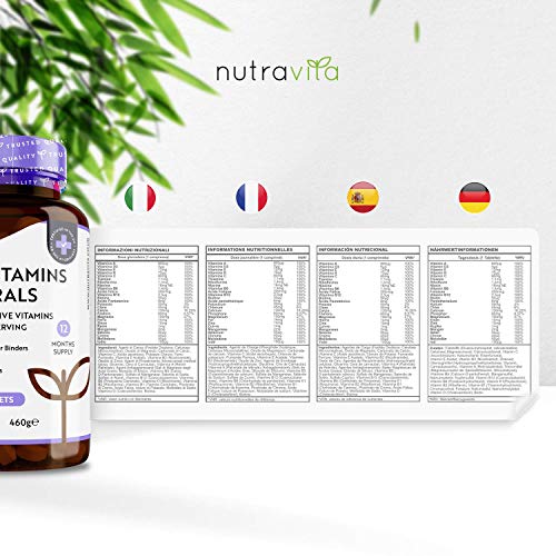 Multivitamins & Minerals - 365 Vegan Multivitamin Tablets - 1 Year Supply - Multivitamin Tablets for Men and Women with 26 Essential Active Vitamins & Minerals - Made in The UK by Nutravita
