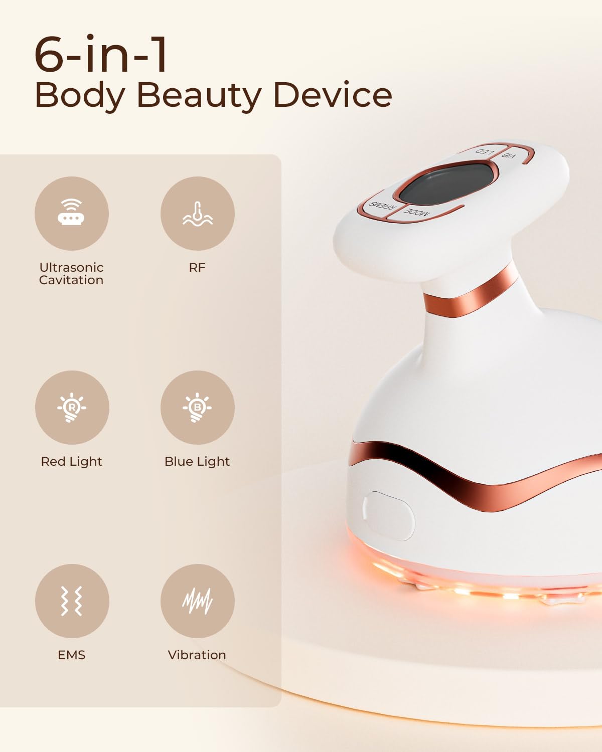 CARER BEAUTY 6 in 1 Cavitation Machine Anti-Cellulite Massager with Ultrasound RF EMS Red and Blue Light Vibration for Cellulite Reduction and Skin Firming