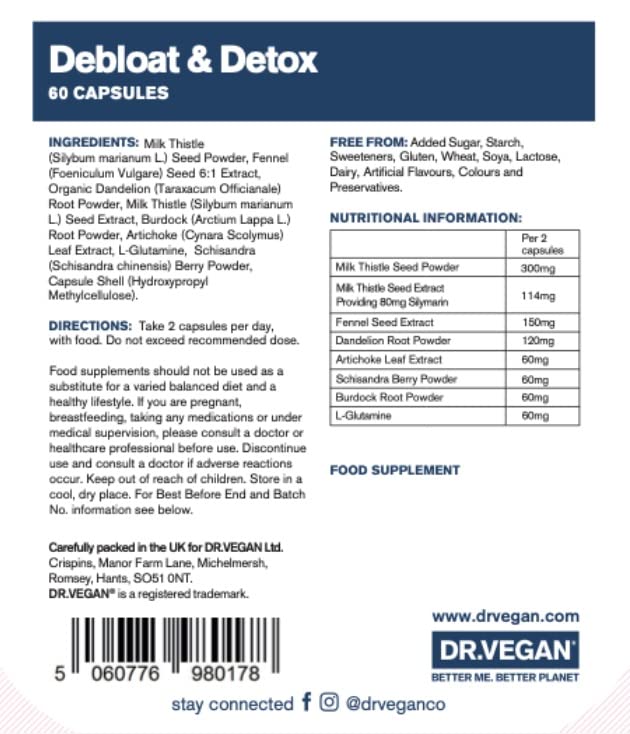 Debloat & Detox | Liver and Digestion Health | Vitamins & Supplements | 60 Vegan Capsules |Two-A-Day | DR.VEGAN