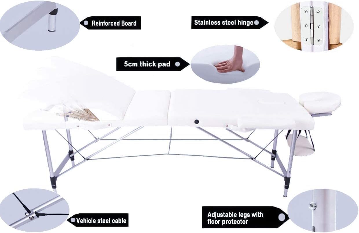 Vesgantti Portable Massage Bed Table - 3-Section Aluminium Foldable Beauty Couch for Reiki Therapy Treatment Salon Healing - Metal Headrest Support/with Carry Bag (Beige White)