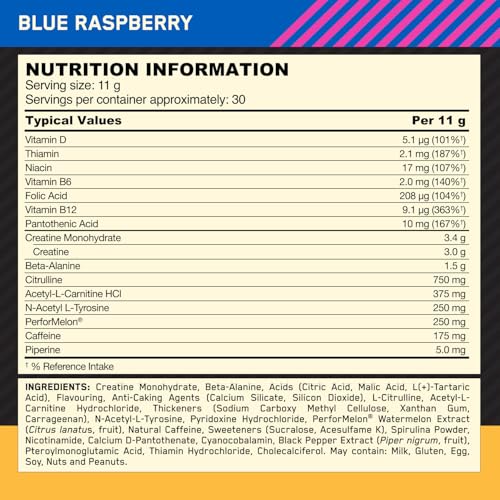 Optimum Nutrition Gold Standard Pre Workout Powder, Energy Drink with Creatine Monohydrate, Beta Alanine, Caffeine and Vitamin B Complex, Food Supplement, Blue Raspberry Flavour, 30 Servings, 330 g