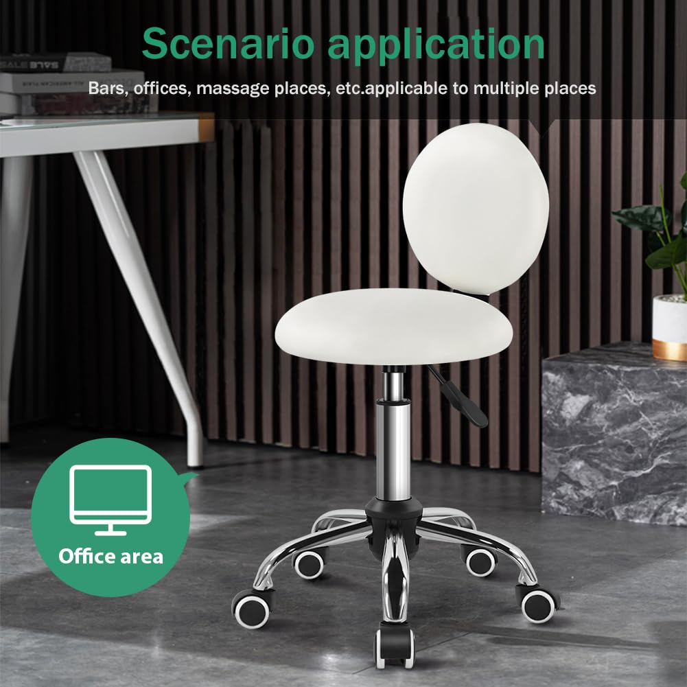 FURWOO Round Rolling Stool with Back PU Leather Seat - Beauty Chair on Wheels with Swivel for Barbershop (White)