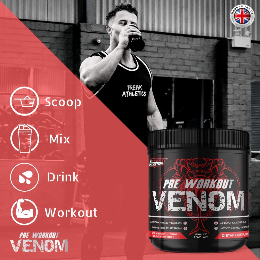 Pre Workout Venom 'Fruit Punch' - Pump Pre Workout Supplement by Freak Athletics - Elite Level Pre Workout Supplement - Pre Workout Powder Made in The UK - Available in Fruit Punch