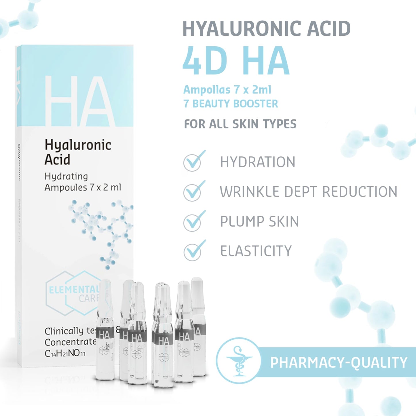 Hyaluronic Acid Serum for Face, 155% Skin Hydration in 1h - Anti wrinkle Face Care for a Natural Face Lift, Face Serum for Women & Men -7x2ml Ampoules - Clinically Tested Skincare by Elemental Care
