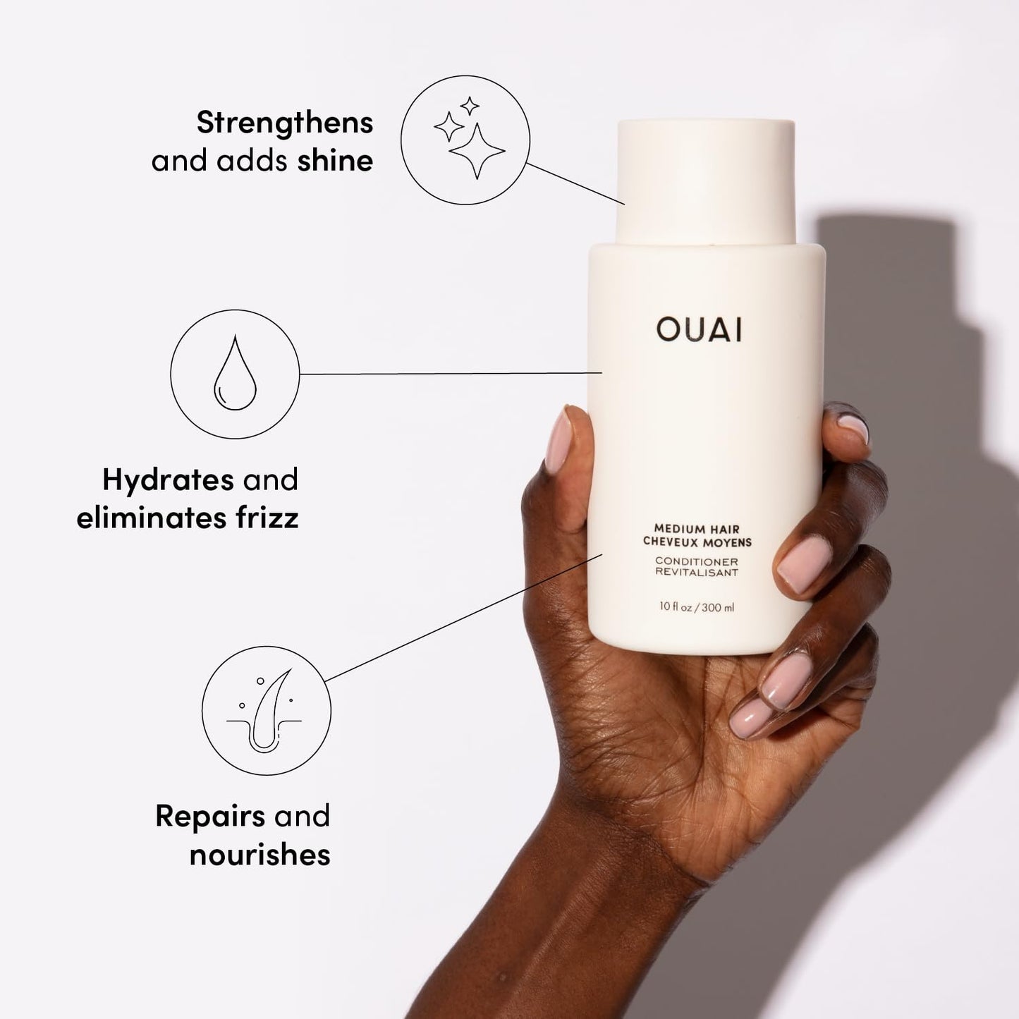 OUAI Medium Shampoo + Conditioner Set - Nourishes with Babassu and Coconut Oils, Strengthens with Keratin & Adds Shine with Kumquat Extract - Free of Parabens, Sulfates & Phthalates - 300 ml Each