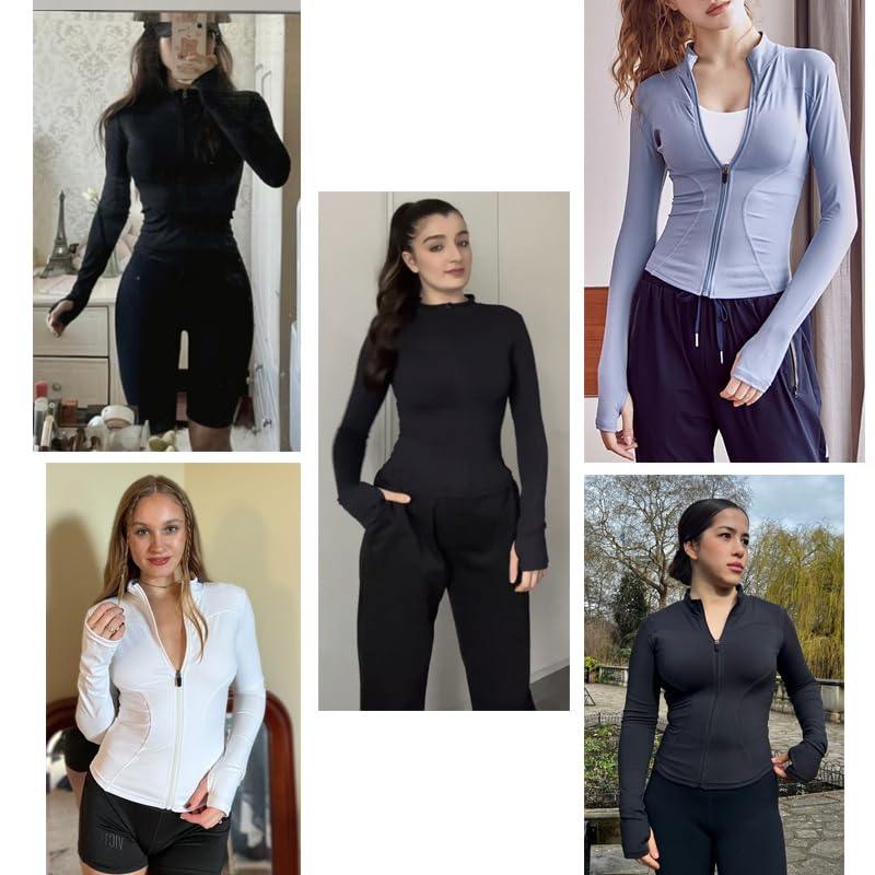 Rapbin Gym Tops for Women UK Long Sleeve Sports T-Shirt Running Tops Zip Lightweight Workout Fitness Tee with Thumb Holes Gray Blue S