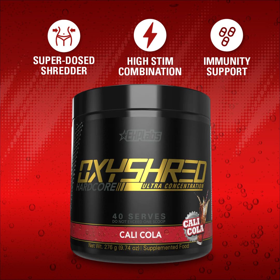 EHPlabs OxyShred Hardcore Thermogenic Pre Workout Powder for Shredding - Pre Workout Powder with L Glutamine & Acetyl L Carnitine, Energy Boost Drink, Mood Booster - Cali Cola, 40 Servings