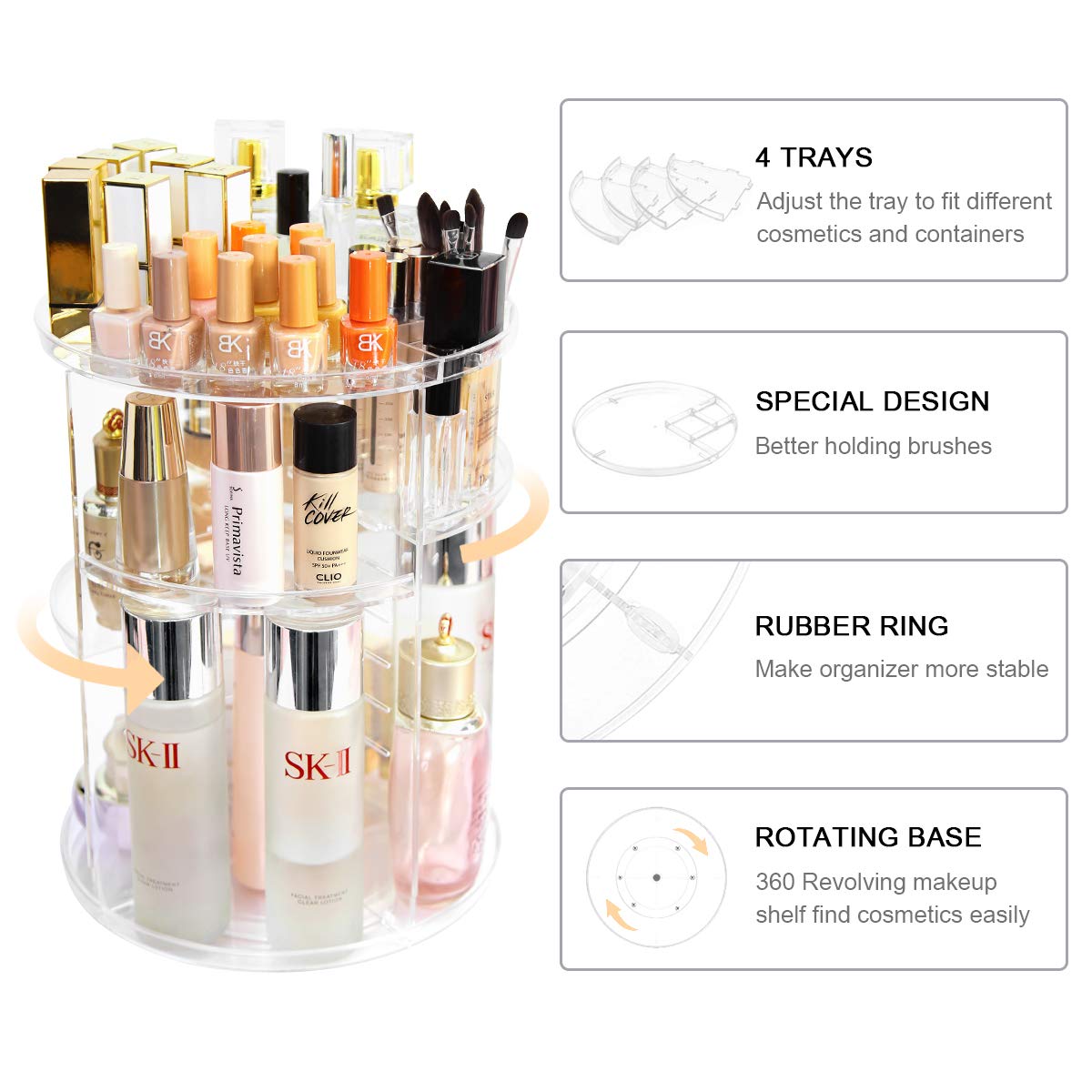 YIEZI 360 Rotating Acrylic Makeup Organiser, Multi-function Adjustable Spinning Holder, Storage Cosmetic, Skincare, Perfume and Accessories, Great for Beauty Vanity, Bedroom, Bathroom, Kitchen - Clear