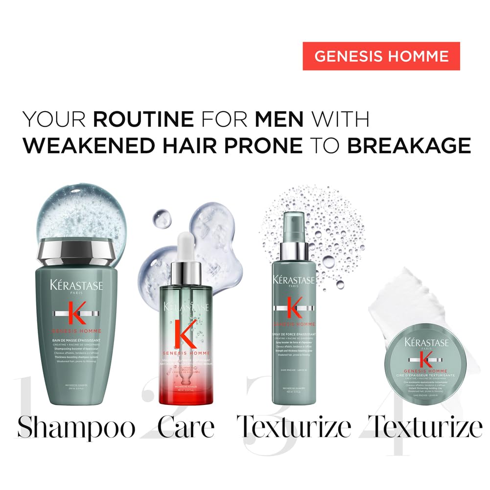 Kérastase Genesis Homme, Anti-Hair Loss Routine for Men with Thinning Hair, Contains Thickening Shampoo, Boosting Hair Spray, Volumising Moulding Clay & Fortifying Serum, Quad Set