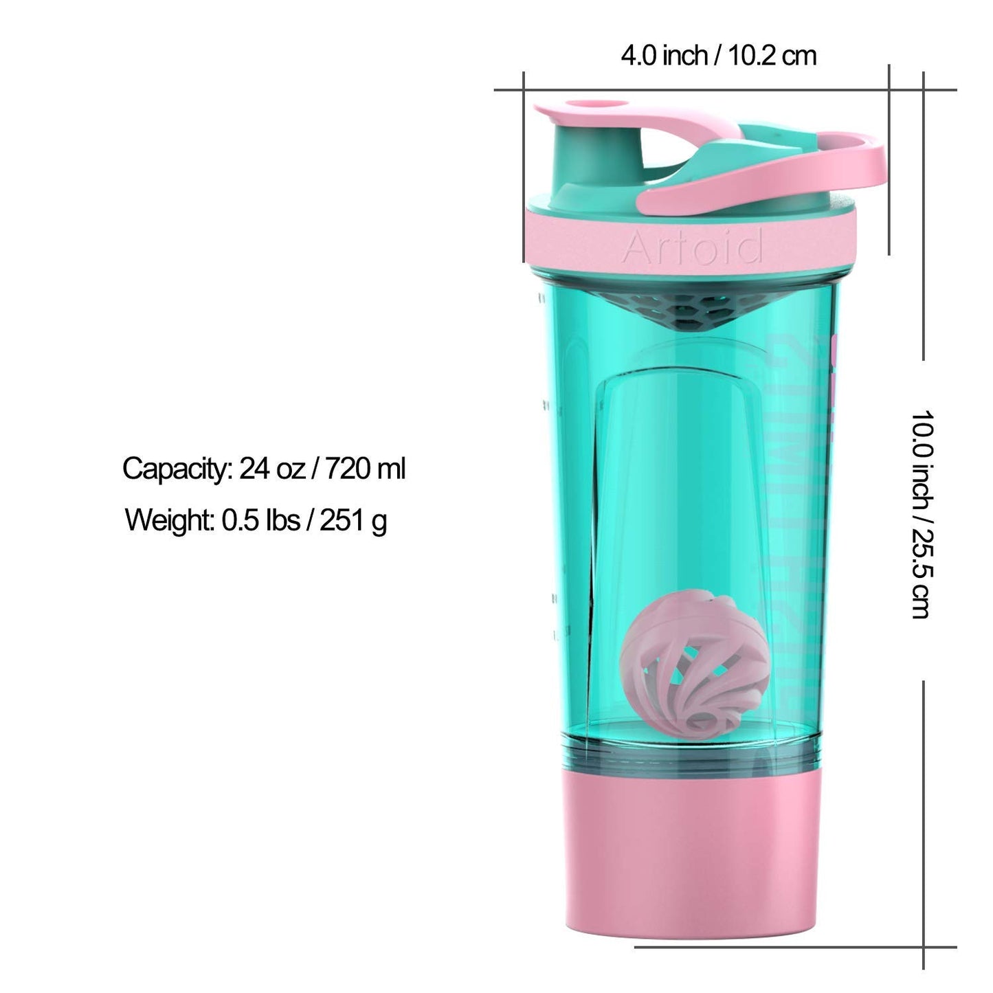 Artoid Mode 720ml Inspirational Sports Fitness Workout Protein Shaker Bottle with Twist and Lock Protein Box Storage, Dual Mixing Technology with Shaker Balls & Mixing Grids - BPA Free