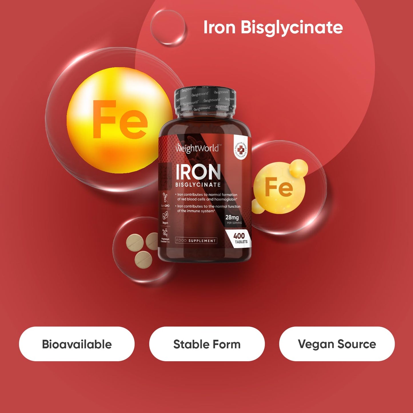 400 Vegan Gentle Iron Energy Tablets High Strength 28mg for Men & Women (6+ Months Supply) - High Absorption Iron Bisglycinate Supplements for Tiredness