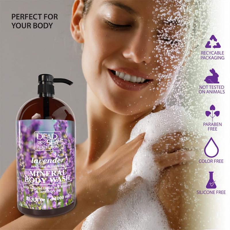 Dead Sea Collection Shower Gel for Women and Men - Body Wash with Pure Dead Sea Minerals and Lavender Oil - Cleanses and Moisturizes Skin - Pack of 2 (1000 ml. each)
