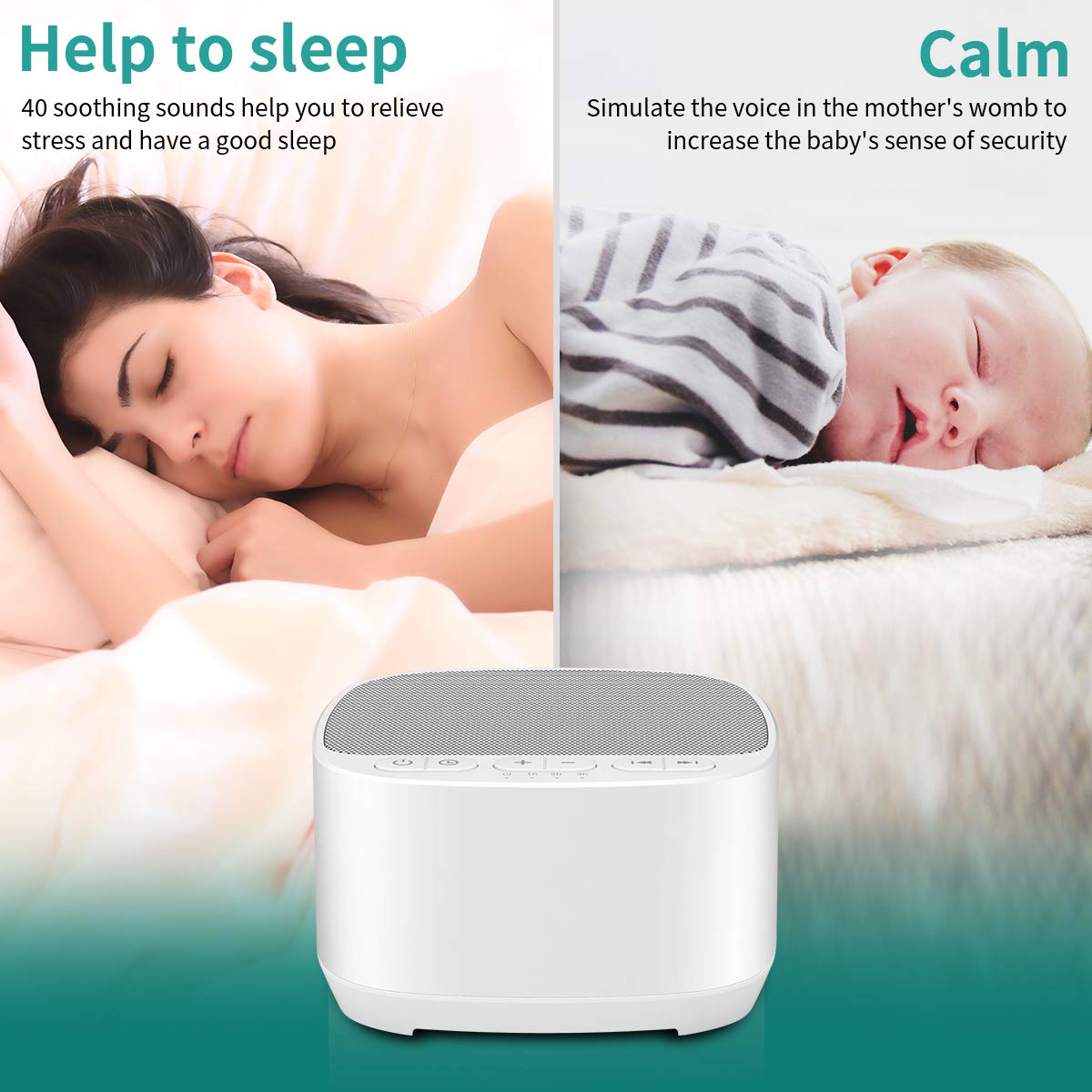 Magicteam Sleep Sound White Noise Machine with 40 Natural Soothing Sounds and Memory Function 32 Levels of Volume Sleep Timer Sound Therapy for Baby Kids Adults (White)