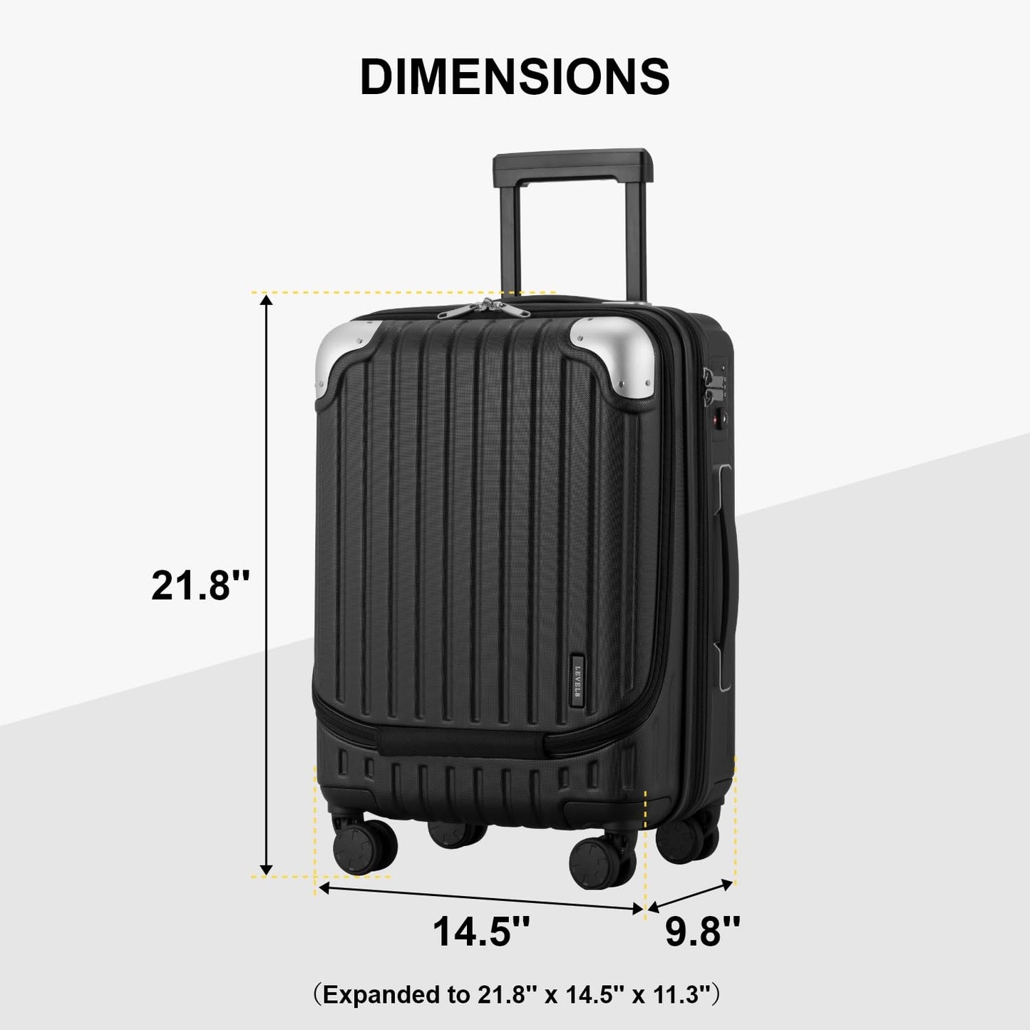 LEVEL8 Carry on Suitcase, 55CM Hand Luggage Expandable with Laptop Compartment, ABS+PC Hardshell Spinner Trolley Cabin Size with 4 Wheels, TSA, Black
