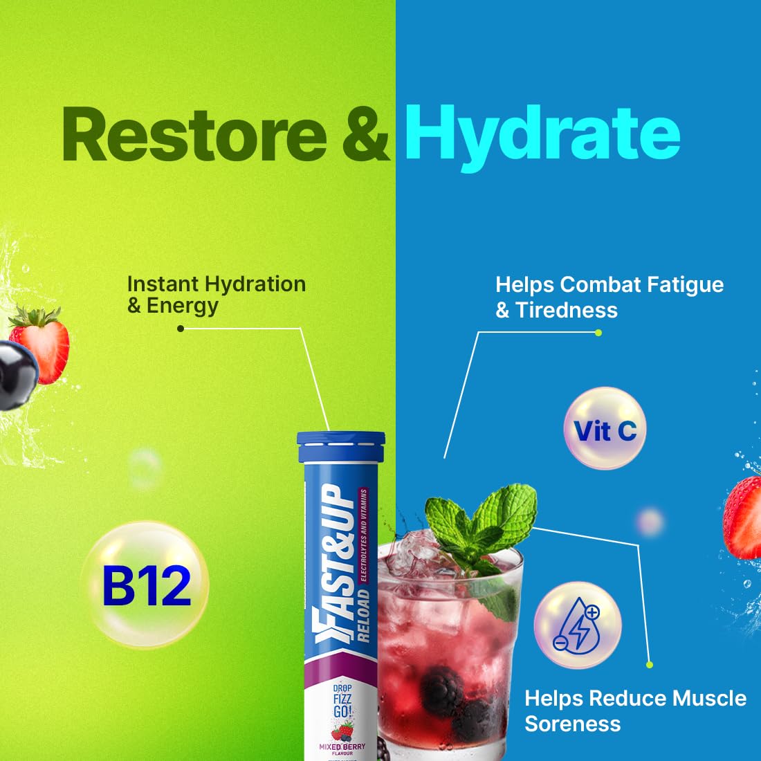 Fast&Up Reload – Mixed Berry Flavour – 80 Effervescent Tablets – Instant Electrolytes for Rapid Hydration & Energy - Added Vitamin C & B12 for Performance, Wellbeing, Travel & Recovery –Vegan
