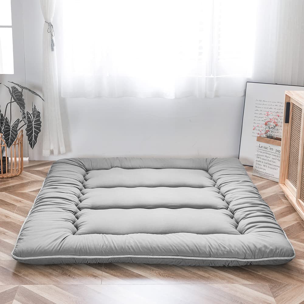 MAXYOYO Japanese Floor Futon Mattress, Thicken Tatami Mat Sleeping Pad Foldable Roll Up Mattress Dormitory Lounger Pillow Bed (Single, Gray)