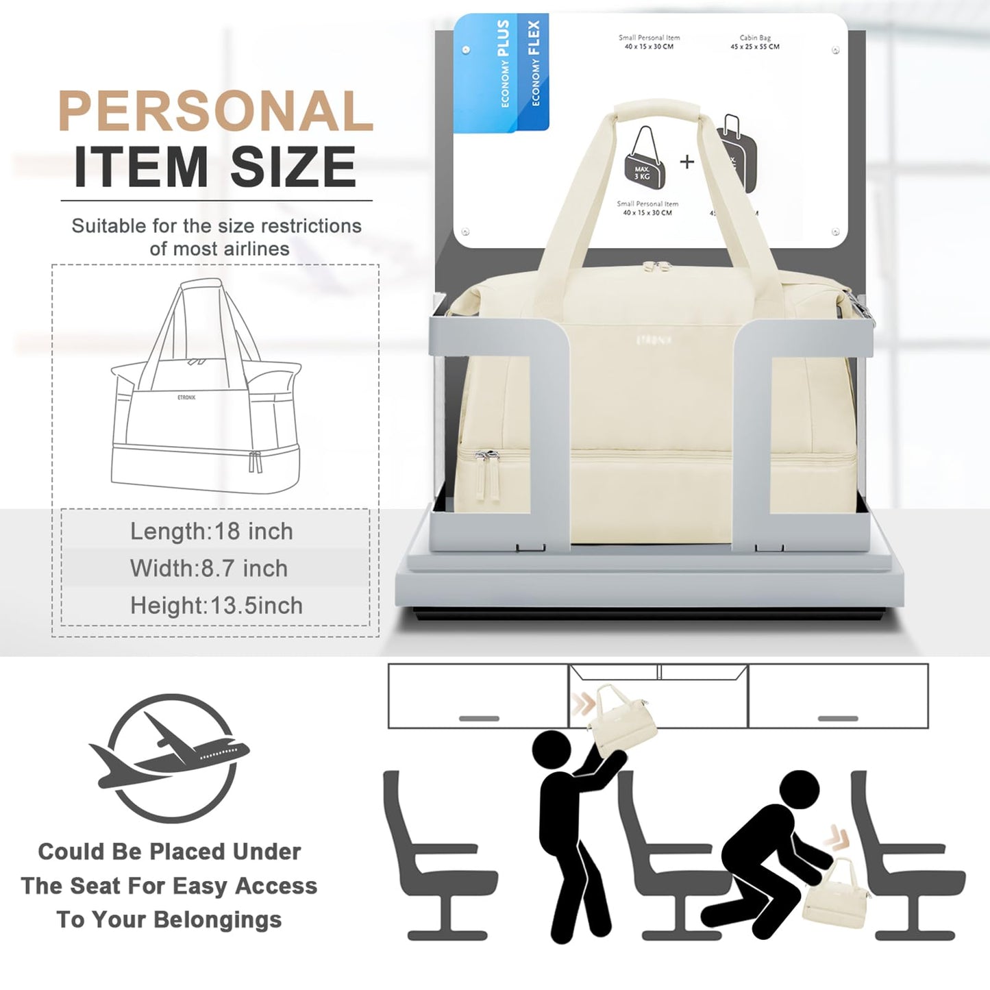ETRONIK Gym Bag Womens, Sports Travel Duffel Bag with USB Charging Port, Weekend Overnight Bag for Women with Wet Pocket and Shoes Compartment, Hospital Bag, Beige