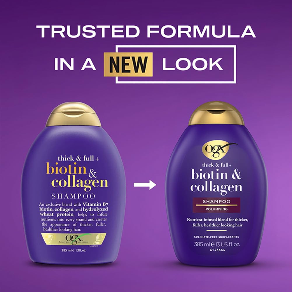 OGX Biotin and Collagen Volumising Hair Shampoo, Thick and Full, with Vitamin B7 Biotin, and Collagen, for Fine Hair, Sulfate Free Surfactants, 385ml