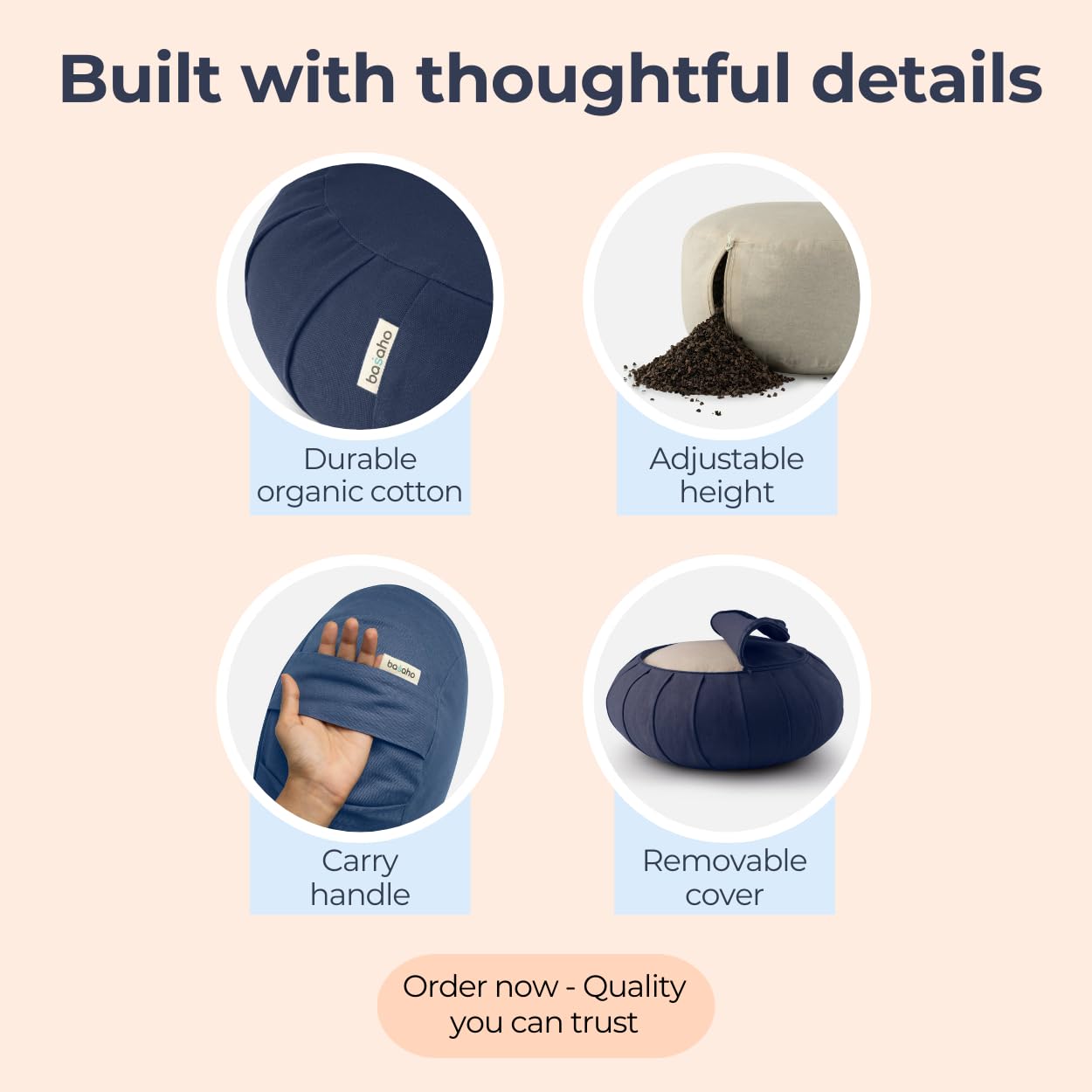 basaho CLASSIC Zafu Meditation Cushion | Organic Cotton | Buckwheat Hulls | Removable Washable Cover (Pale Pink)