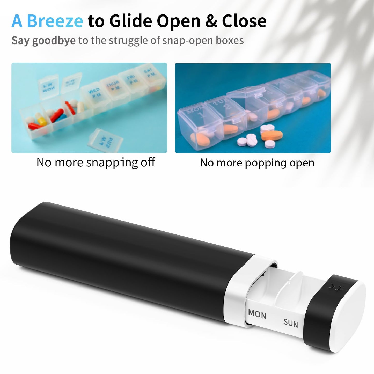 Pill Box 7 Day 1 Times a Day, Betife Daily Pill Organiser, Weekly Travel Tablet Organiser, Cute Pill Holder to Hold Vitamins, Medicines, Pills, Supplements (Black)