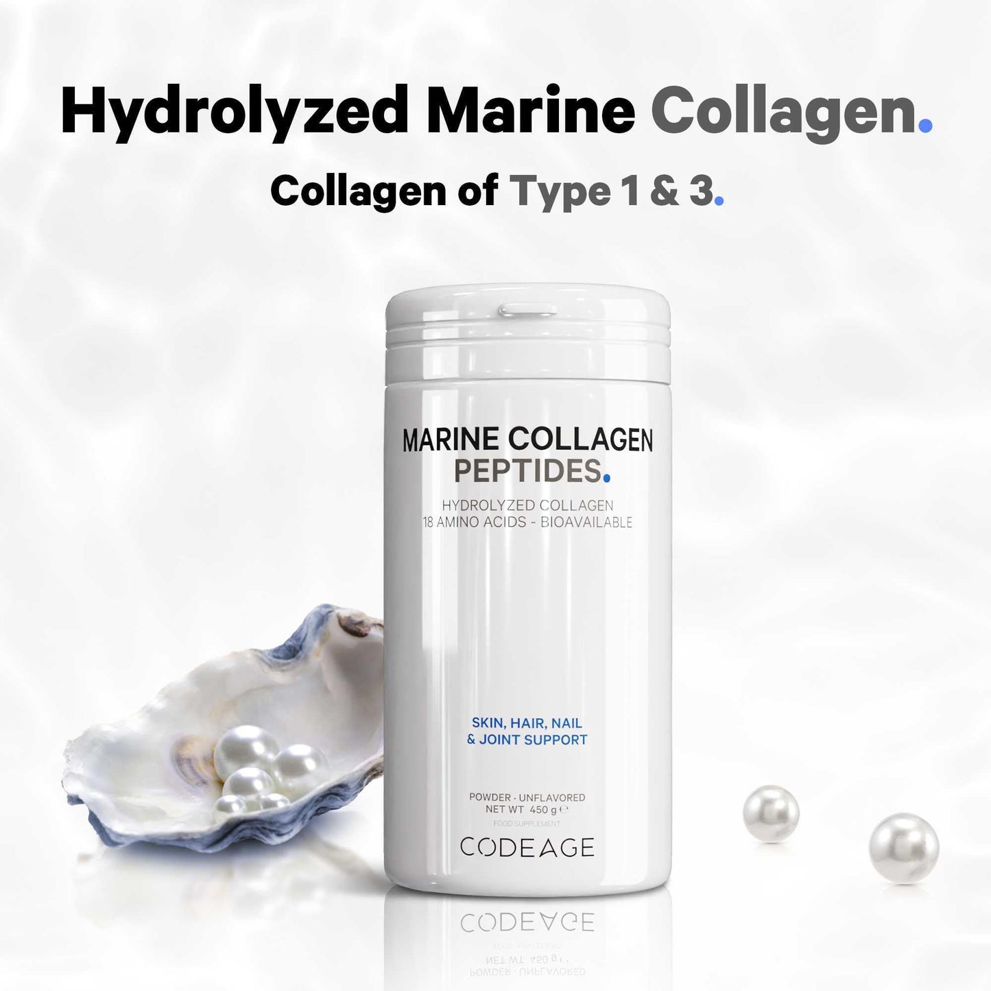 Codeage Marine Collagen Powder - Hydrolyzed Fish Collagen Peptides - Type 1 & 3 Collagen Protein Supplement – 50 Servings, Amino Acids for Skin, Hair, Nails - Non-GMO, 450 Grams