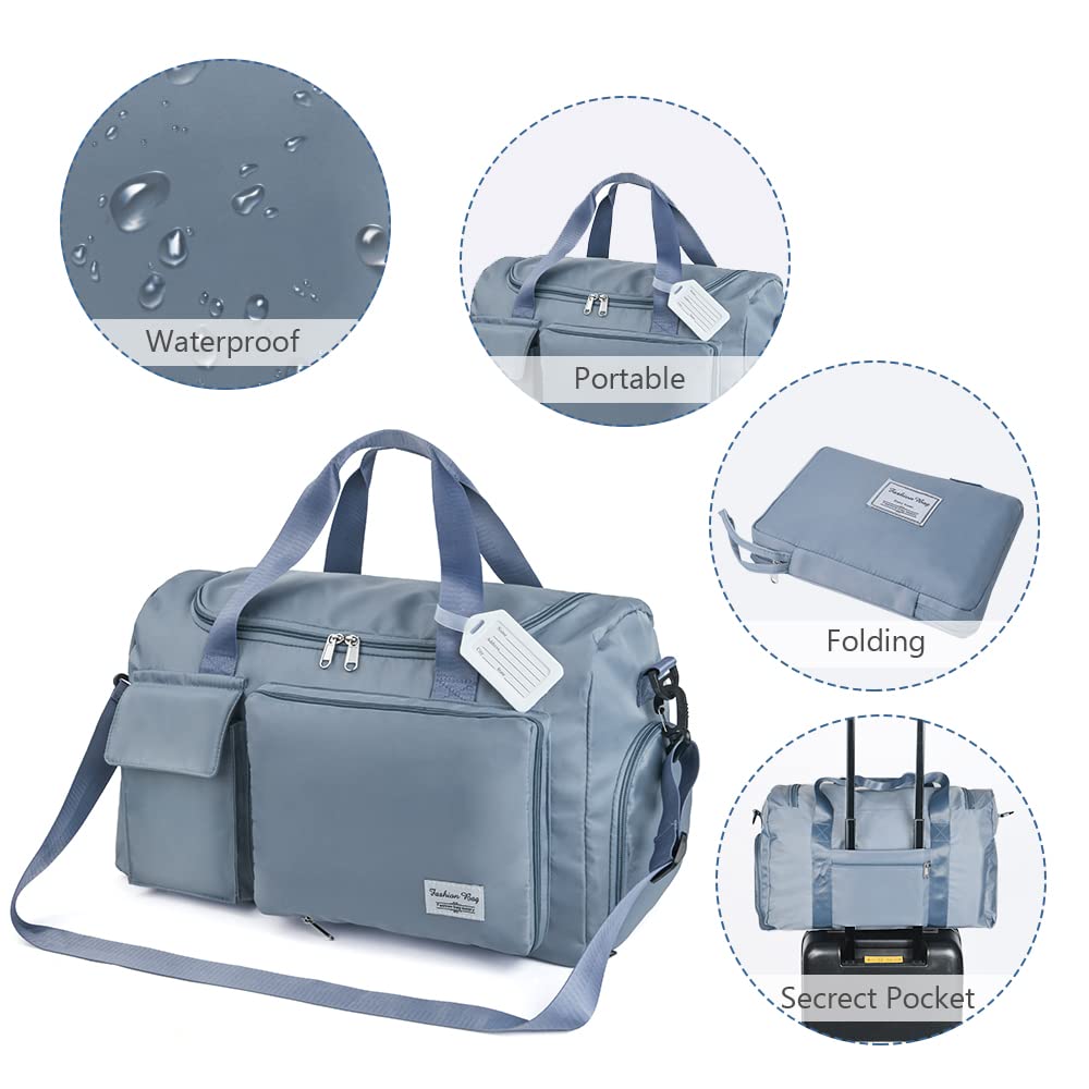 Travel Duffel, Foldable Gym Overnight Weekend Bags for Women - Lightweight with Separation, Large Holdall Cabin Bag - Blue