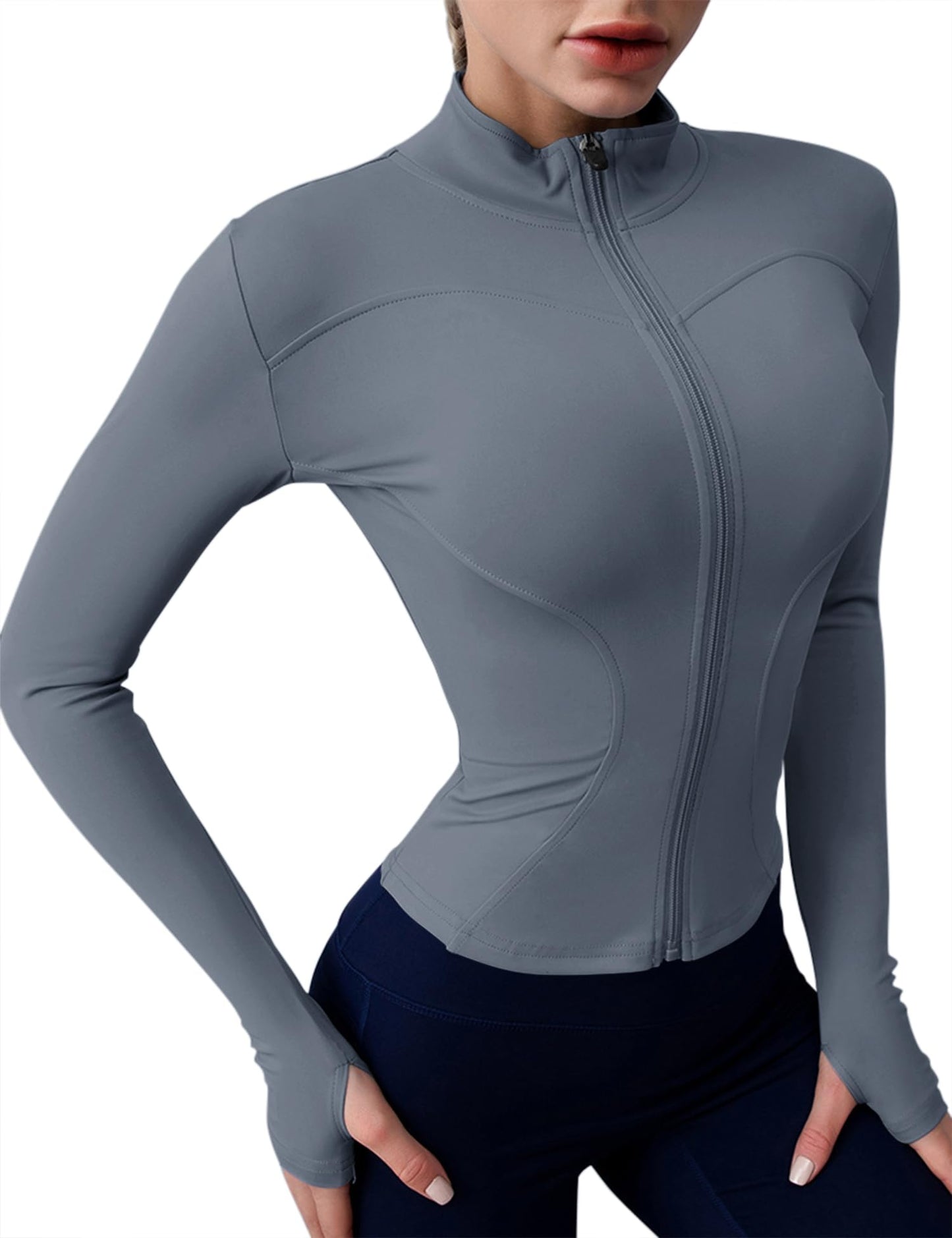 Rapbin Gym Tops for Women UK Long Sleeve Sports T-Shirt Running Tops Zip Lightweight Workout Fitness Tee with Thumb Holes Gray Blue S