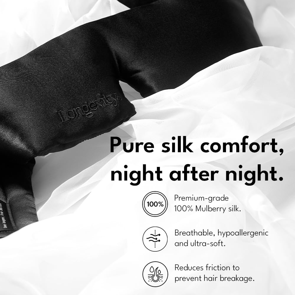 Longevity 100% Mulberry Silk Eye Mask for Sleeping - Bio-Contoured Silk Sleep Mask with Silver Ion Infusion for Skin & Hair - Light Blocking, Hypoallergenic - Luxury Sleep Aids for Women & Men
